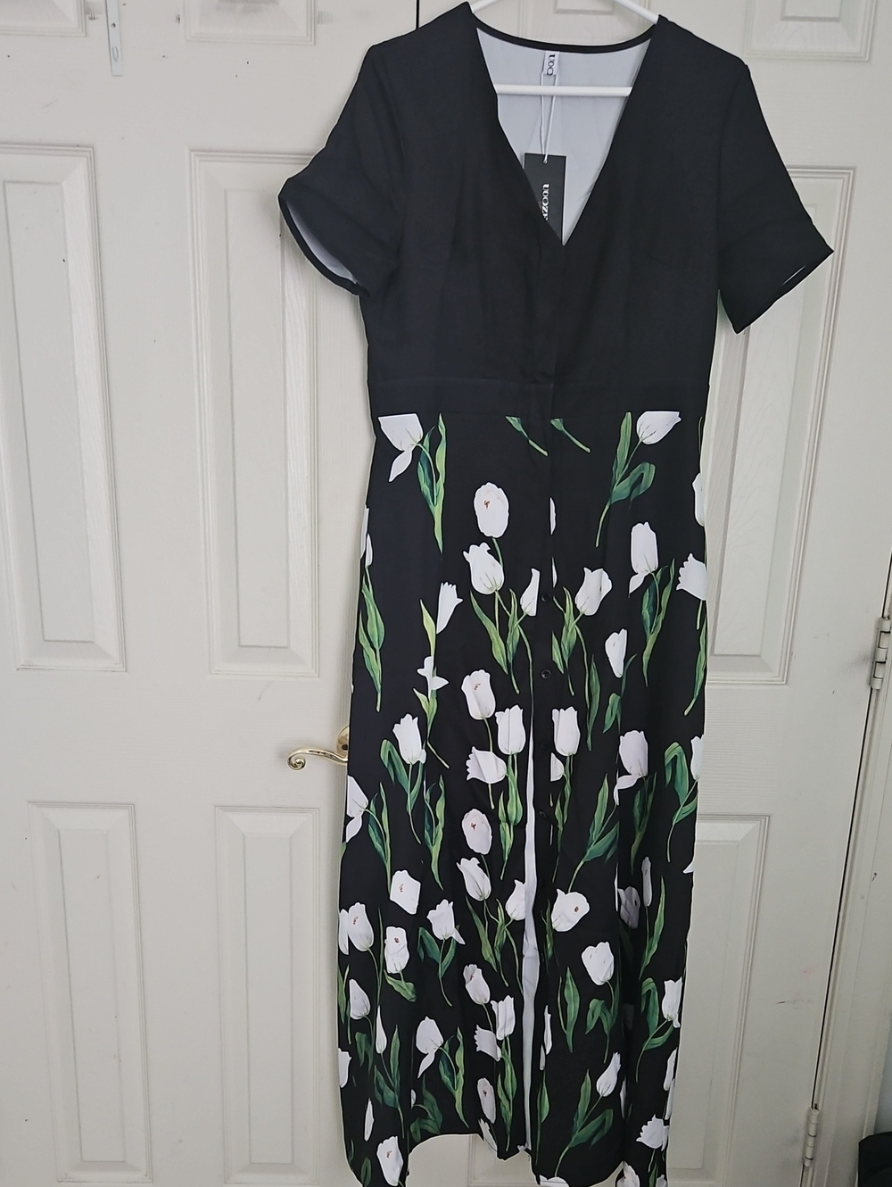 Black A-Line V-Neck Floral Maxi Dress with White Tulips